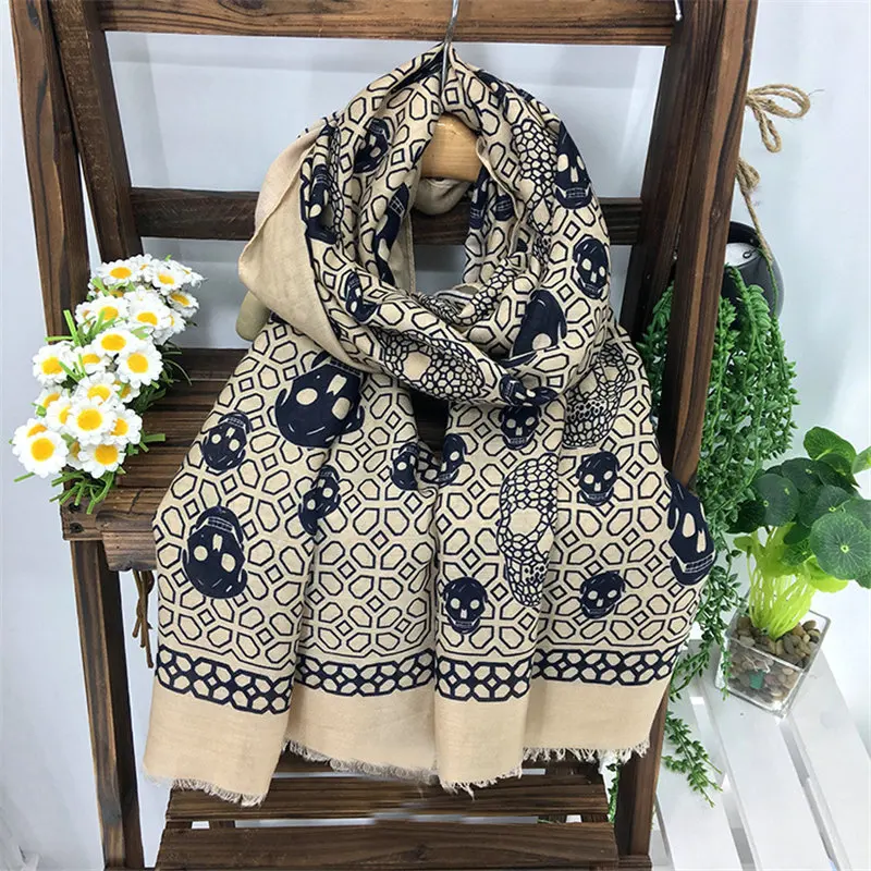 Женский хлопковый шарф в стиле панк с принтом черепа 180x100 см|printed scarf|skull print scarfdesigner