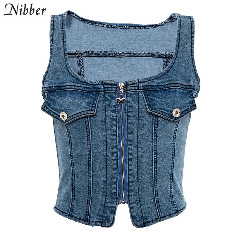 Nibber High street повседневные джинсовые укороченные топы для женщин camisole Летняя мода Панк Базовые Футболки без рукавов тонкие топы на бретелях mujer - Цвет: Синий