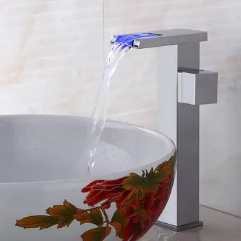

Free Shipping Chrome Led Faucet Waterfall Faucet Square Bathroom Basin Faucet Sink Mixer with two pcs 50cm plumbing hoses