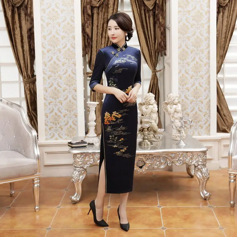 Новое поступление, женское велюровое длинное платье Cheongsam, модное платье в китайском стиле, элегантное платье Qipao Vestido, Размеры S M L XL XXL XXXL 4XL T0043