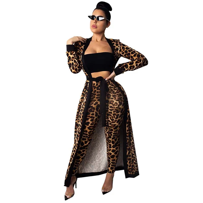 

Fashion Leopard Printed Two Pieces Set Women New Autumn Long Sleeve Long Cardigan With Sashes&Long Pencil Skinny Pants Suit