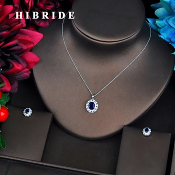 

HIBRIDE Luxury Blue Oval Shape AAA Cubic Zircon Pendant Jewelry Sets Necklace Sets Earings Set Girl Gift Full Jewelry Set N-548