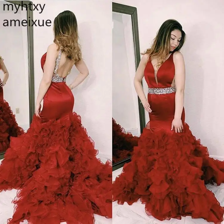 2021 New Dark Red V-neck Sleeveless Silk Satin Shining Crystal Beading Backless Plus Size Jersey Evening Dresses Robe De Soiree | Свадьбы и
