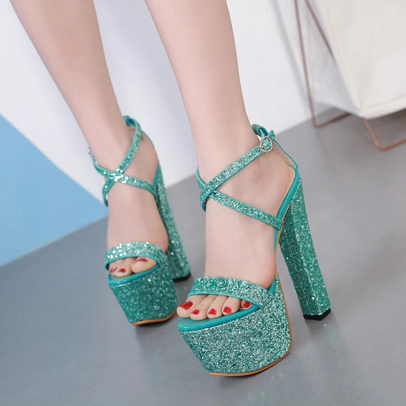 

Glitter bling platform Sandals Woman buckle 16CM High heels Slides Sexy peep toe Shoes 2019 luxury Sandalias mujer red green