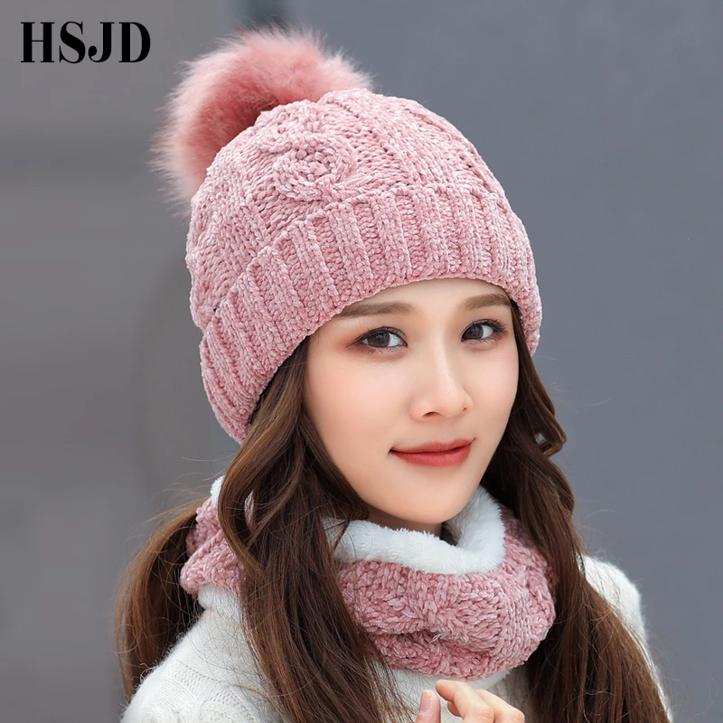 Winter Women S Hat Caps Soft Chenille Knitted Hats Scarf Hat 2 Pieces Set Thick Balaclava Ski Cap Skullies Beanies Female Cap Women S Skullies Beanies Aliexpress
