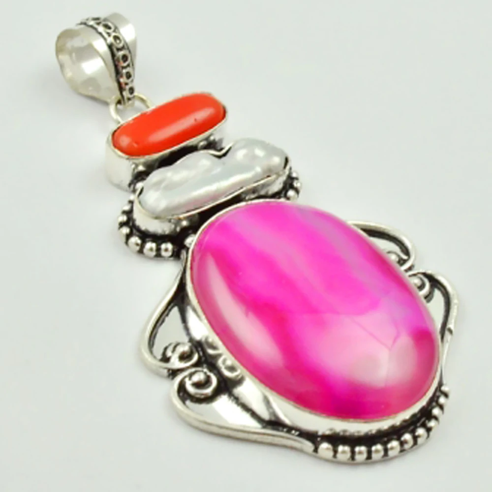 

Botswana Agates & Biwa Pearls Pendant Silver Overlay over Copper , 70 mm, P2900