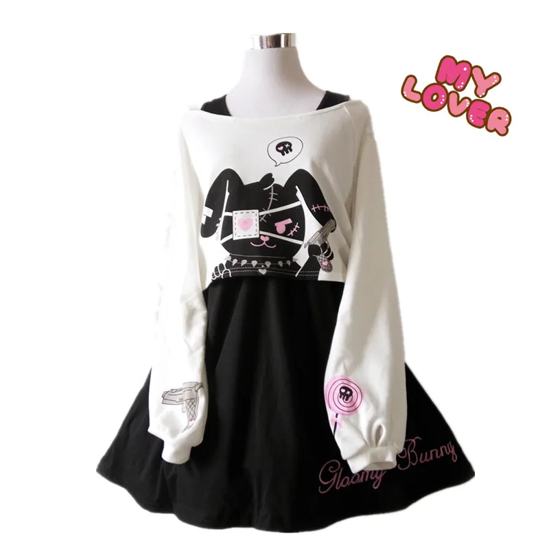 2197 18 De Réductionmode Nouveau Japonais Lolita Printemps été Dessin Animé Lapin Imprimer 2 Pièces Costume Filles Top Robe Douce Mignon Noir