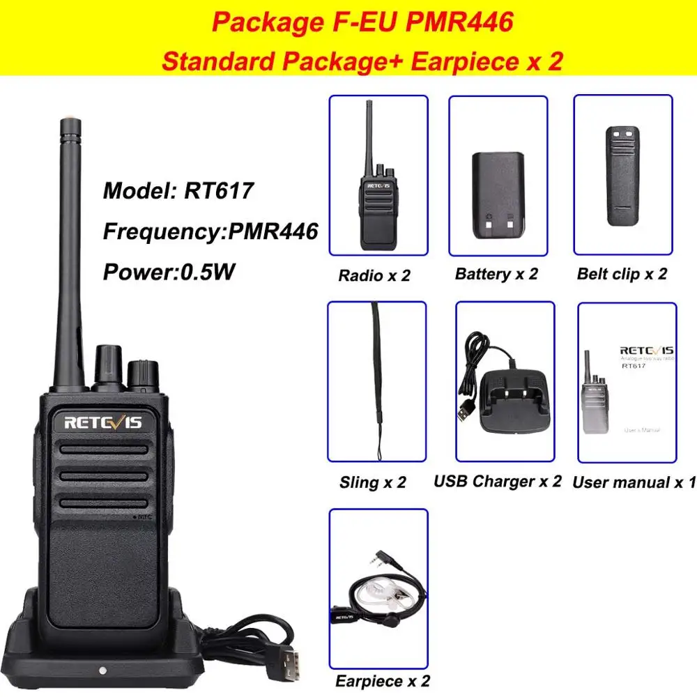 2 шт. Retevis RT617 рация радиостанция PMR446 FRS 16 каналов CTCSS/DCS TOT VOX сканирование двухстороннее радио портативный - Цвет: PKG F-EU-earpiece