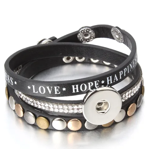 Pulseira de Couro Pulseira para Presente dos Namorados Lote Snap Jóias 18mm Botões Pulseira Punk Rebite Amor Esperança Felicidade 10 Pçs –