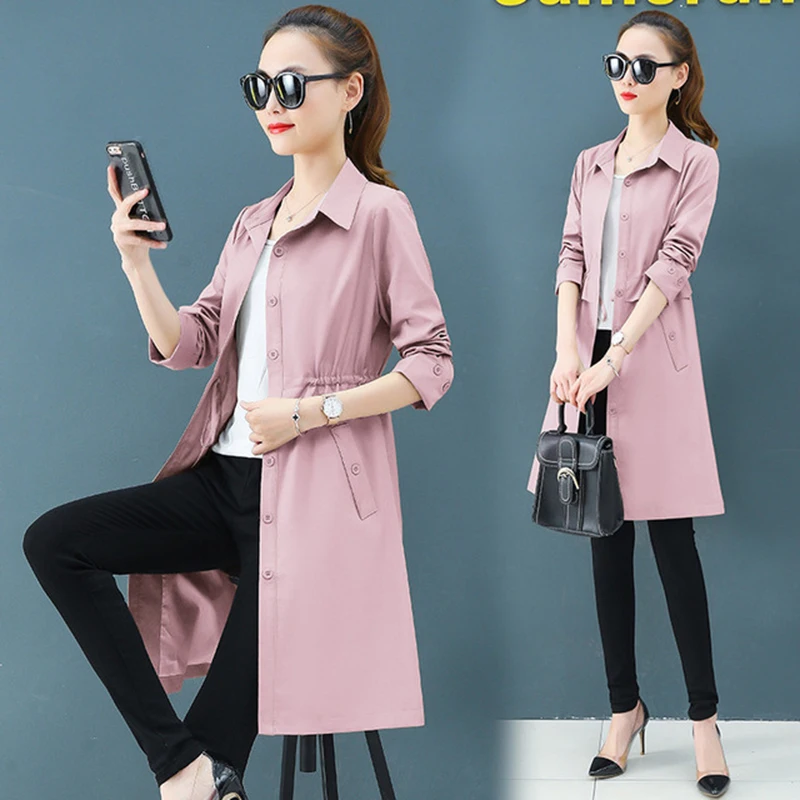 

2019 New Spring Women's Windbreaker Slim Waist Temperament Female Windbreaker Khaki Red Yellow Pink Trench Coat S-2XL