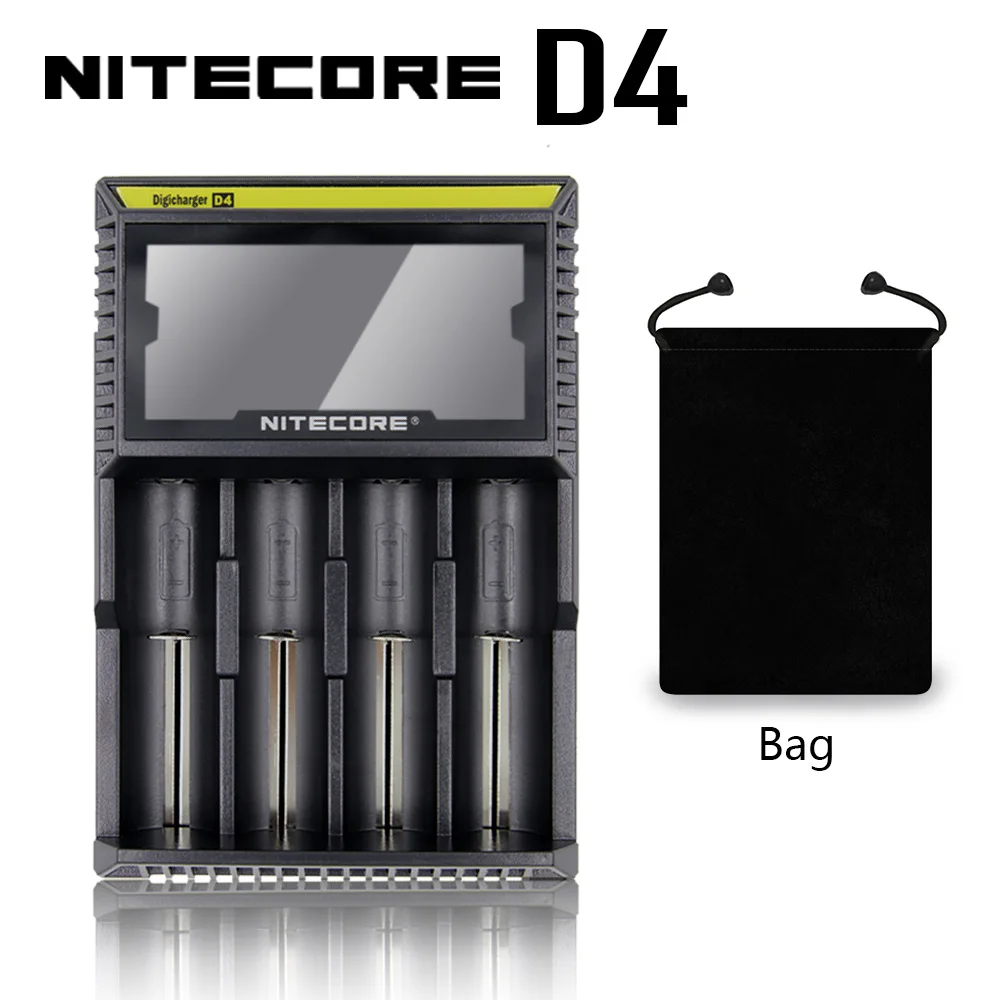 Nitecore D4 D2 I4 I2 Digi зарядное устройство lcd интеллектуальная схема глобальная страховка Li-Ion 18650 14500 16340 26650 зарядное устройство - Цвет: D4 And Bag