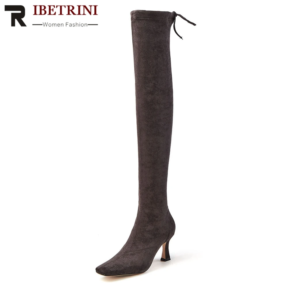 

RIBETRINI Big Size 43 Party Boots Woman Shoes Zipper Add Fur Square Toe Strange Style Over The Knee Boots Female Shoes Woman