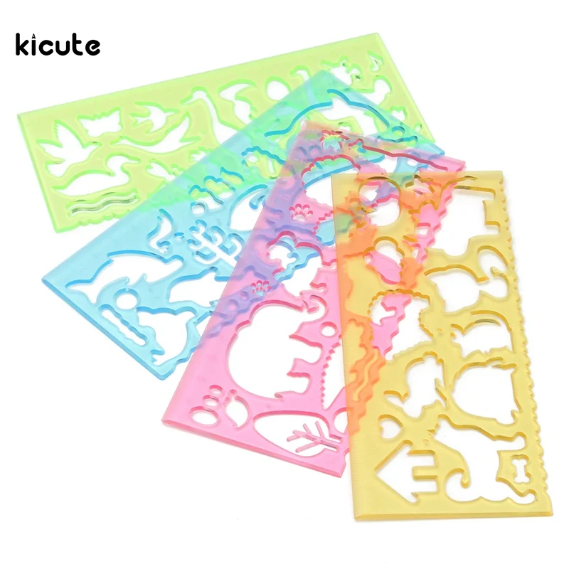 

4Pcs Candy Color Multifunction Ruler Geometric Drawing Template Learning Tool Set Stationery School Office Painting Supply Gift