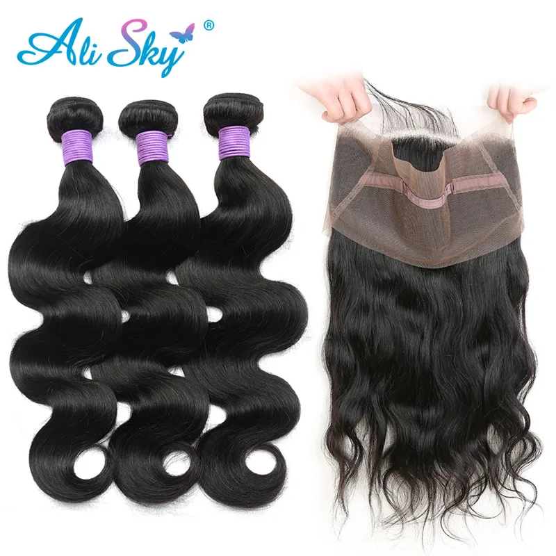 

Ali Sky Body Wave 3 Bundles With 360 Lace Frontal Closure Brazilian Remy Hair Weave Bundles With Frontal Human Hair Extension