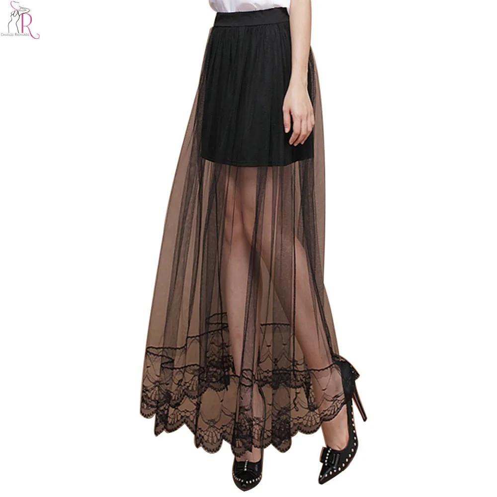2 Colors Black White Sheer Lace Maxi Skater Skirt Long Casual High