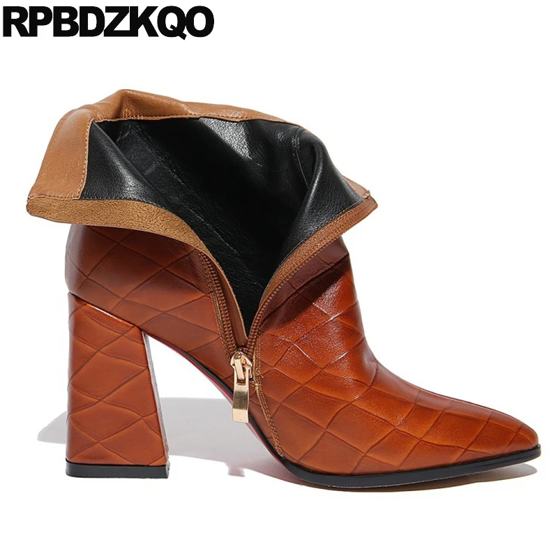 De 2017 Caer Tobillo Alto Tacón marrón Nuevo Marrón Negro Señoras Femenino Punteado Diseñador Fornido Piel Mujer Botas Zapatos Dedo Corto Bloquear Moda Botines Genuina Lujo Cremallera Chino qrEzO