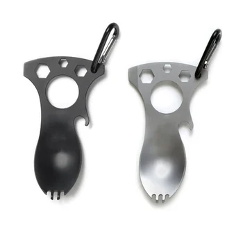 

Hot! Outdoor Multi-funct Stainless Steel Spoon Fork Opener Wrench Carabiner Screwdriver Tools For Camping Equipment Th