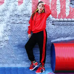 Хип-хоп танцевальный костюм красный топ с капюшоном черные штаны Уличная Одежда для танцев женский костюм Go-Go Стадия DS одежда для танцоров