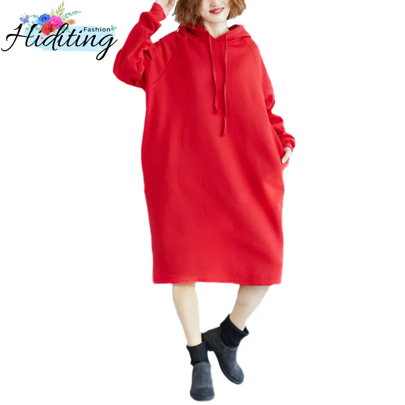 

Mid-Length Ladies Hooded Dress 2019 Autumn Winter Fashion Large Size Loose Dresses Casual Long Sleeve Red Female Dresses WIN814