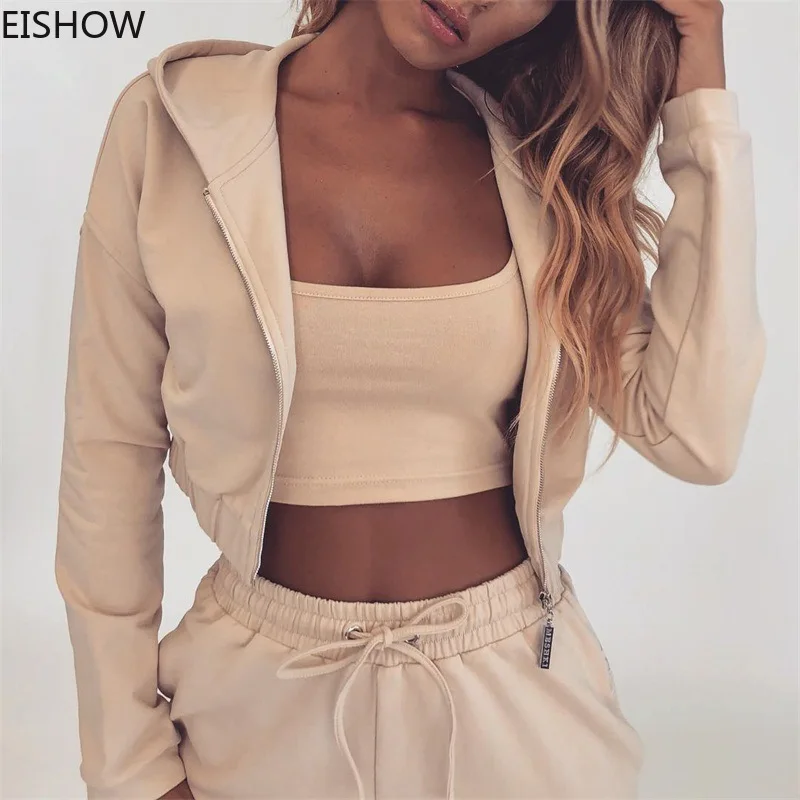 EISHOW Модный женский комплект из 2 предметов спортивный костюм укороченный худи