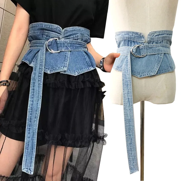 

VOHIO 2018 Korean version of retro denim wide waist banding personalized fashion waist dress wide belt free shipping