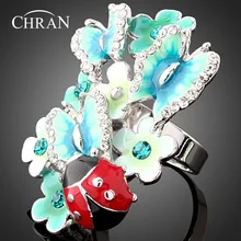 CHRAN Gold Color Ladybug Design Zircon Jewelry Rings Wholesale Crystal Enamel Butterfly Pattern Flower Rings For Women france dyxytwe ladybug pink flower tassel luxury jewelry women gift enamel glaze jewelry