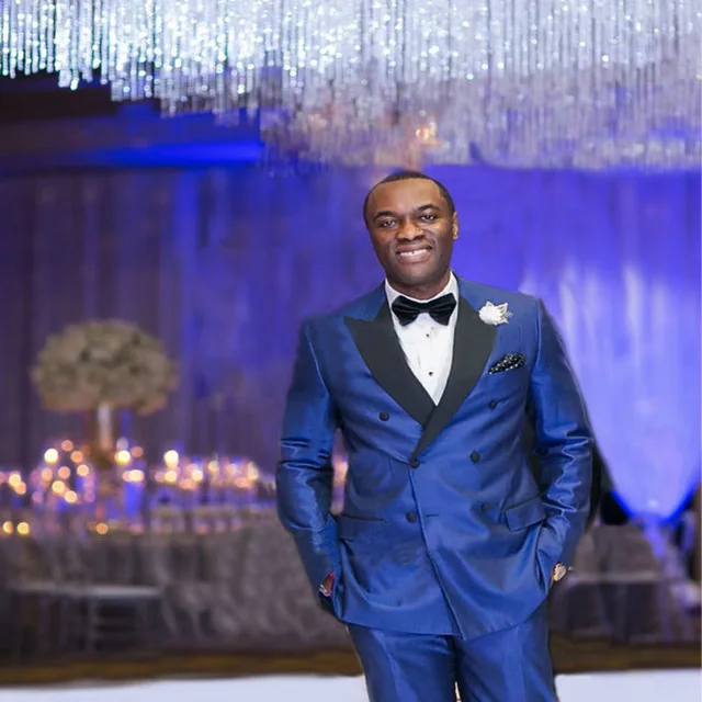 

2018 2 Psc New Prom Party Mens Suits Double Breasted Jacket Royal Blue Peak Lapel Groom Tuxedos For Men Black(Jacket+Pants)