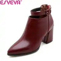 ESVEVA 2020 Women Boots Buckle High Heels Shoes Zipper Ankle Boots Pointed Toe Autumn Shoes Square Heels Boots Woman Size 34-43