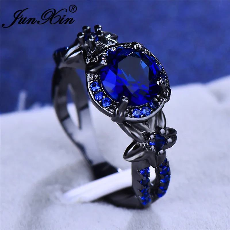 JUNXIN Boho Female Flower Star Rings For Women Black Gold Filled Royal Blue Red Pink Purple Zircon Stone Wedding Ring Jewelry