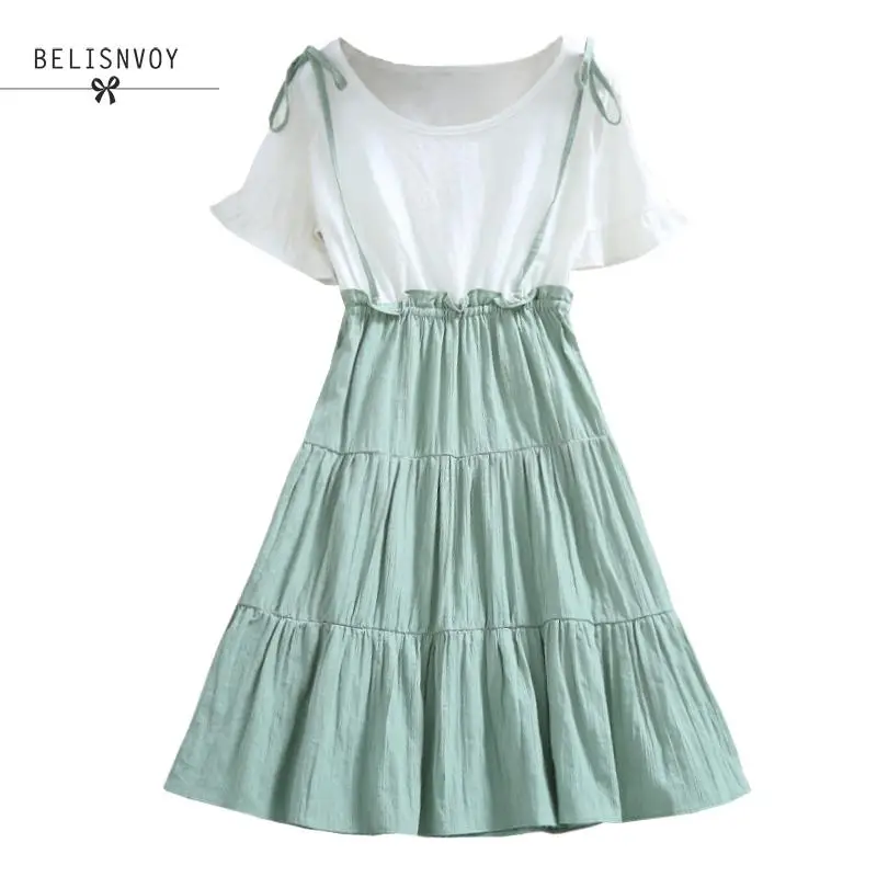Mori Girl летнее милое платье, женские хлопковые платья с коротким рукавом, имитация двух частей, короткий рукав, зеленый цвет, милые женские платья