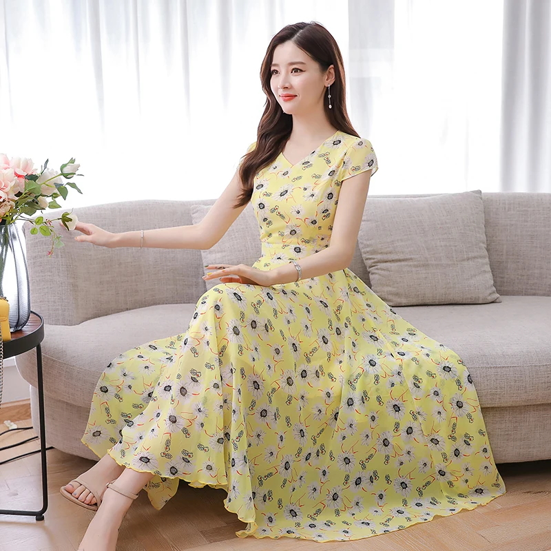 

Plus Size M-3XL Elegant Bohemian Style Short Sleeve V Collar Flower Printed Woman Chiffon 2019 Summer New Arrival Long Dress