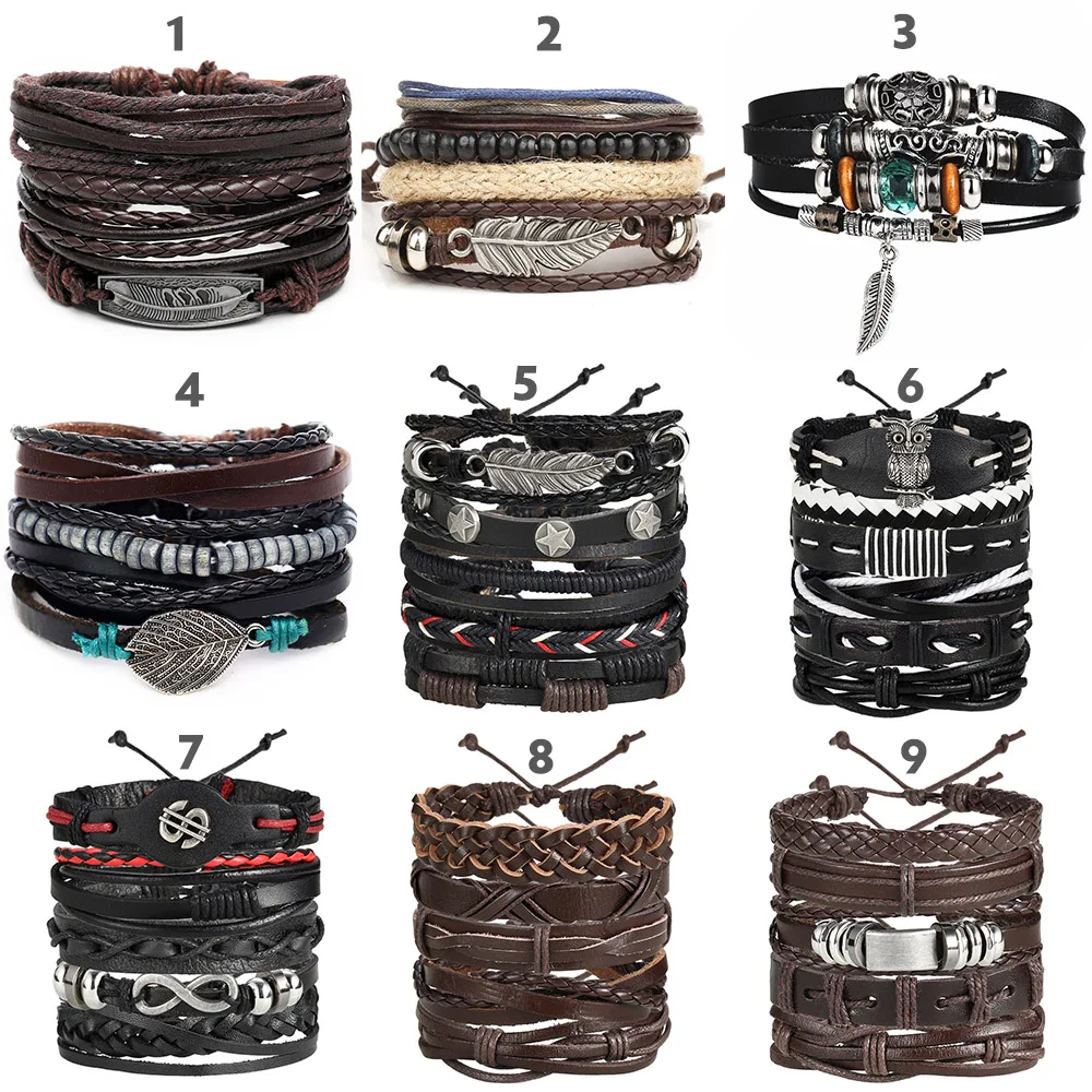 

Vintage Leaf Feather Multilayer Leather Bracelet Men BOY Fashion Braided Handmade Star Rope Wrap Bracelets & Bangles Male Gift