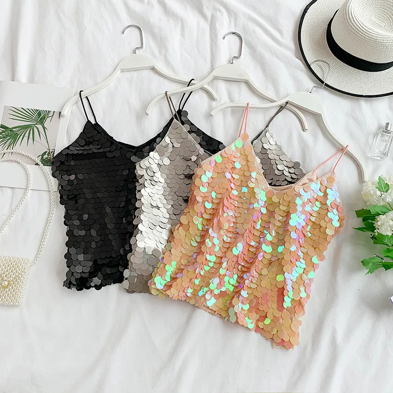 Новые пикантные блестки Camis с v-образным вырезом блестящая майка женская короткая Свободная кофта на бретельках Женская одежда для ночного клуба черный топ