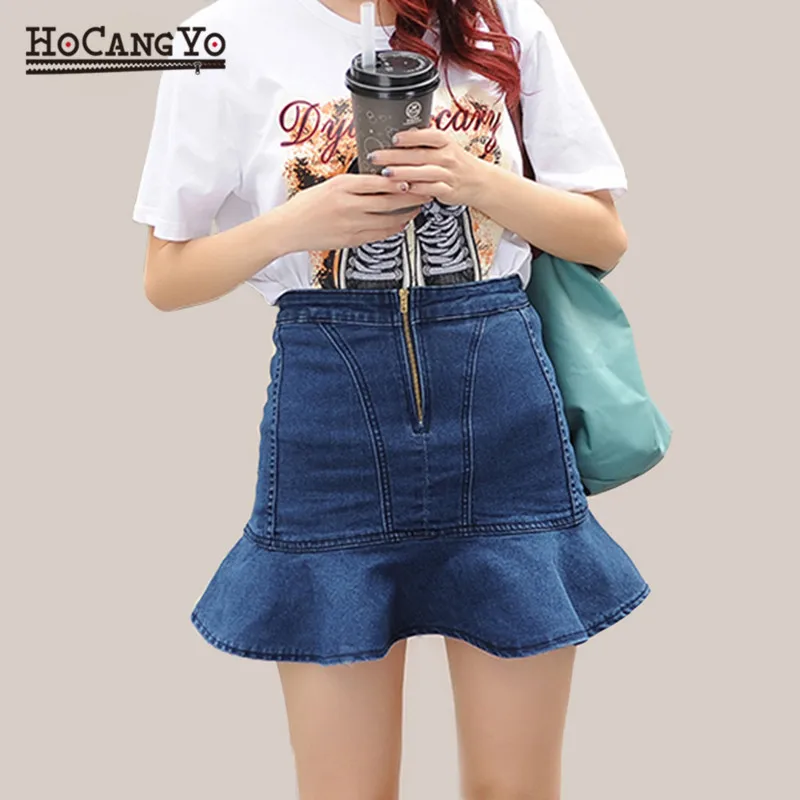 HCYO Women Denim Skirts Summer Empire Stretch Sexy Jeans Skirts Plus Size Women Blue Jupe Ruffles Mini A-line Denim Skirts Jeans Skirts