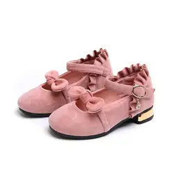 JGSHOWKITO девушки кожаные ботинки из флока ткани для девочек обувь для детей бант Принцесса с кулоном ботильоны Flouncing Falbala высокие каблуки