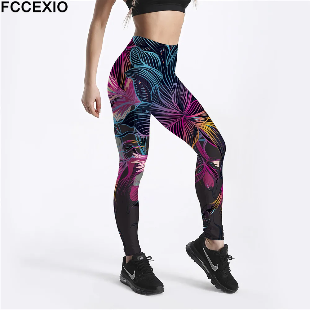 FCCEXIO новые леггинсы с высокой талией, для фитнеса; леггинсы с цветочным рисунком линии Леггинсы с принтом женские брюки Для женщин тонкий готика леггинсы
