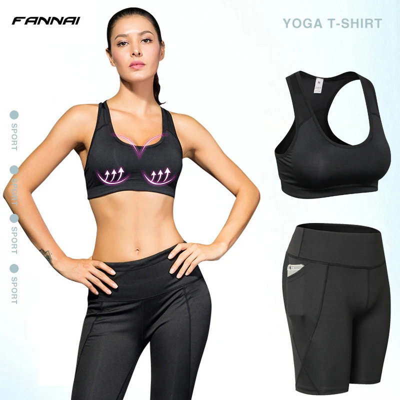 

Women Yoga Sets With Pocket Shorts Gym Running Quick Dry Sportswear Running Top Sports Bra+Shorts Suits Sports Fitness 2 Pcs Set