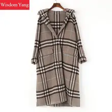 Winter Warme Groene Plaid Schapenwol Jas Vrouwen Lange Mouw Hooded Koreaanse Oversize Overjas Kantoor Dames Wollen Losse Slijten(China)