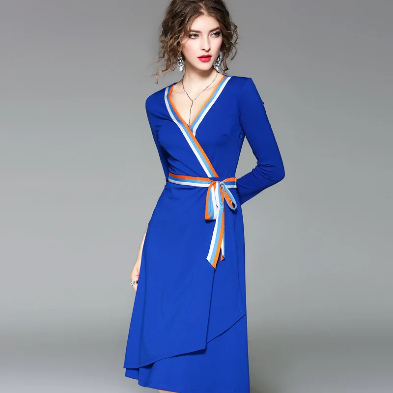

women deep v neck knee length dress ladies office work OL dress striped patchwork tunic blue/black midi dress 2018