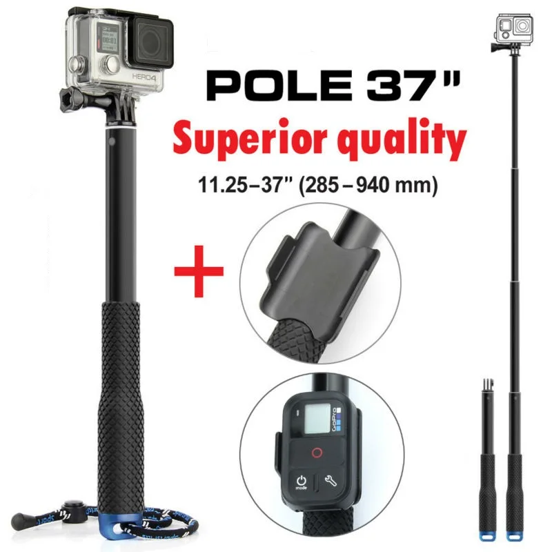 GoPro 37 Inch Extendable Handheld POV Pole Telescopic Monopod Wifi Remote Holder Clip for Go Pro