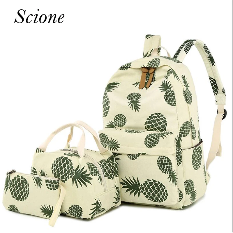 

Simple Style Canvas Backpack Set Fruit Pineapple Printing Women backpack Big School bag with Lunch Box Girl Daily Laptop bag