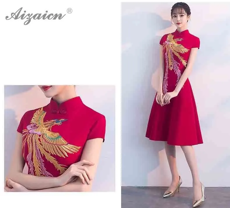 Мода 2019 Красные Длинные Cheongsam вышивка феникс Qipao платья для женщин для Китайский традиционный свадебный платье ориентированное стиль