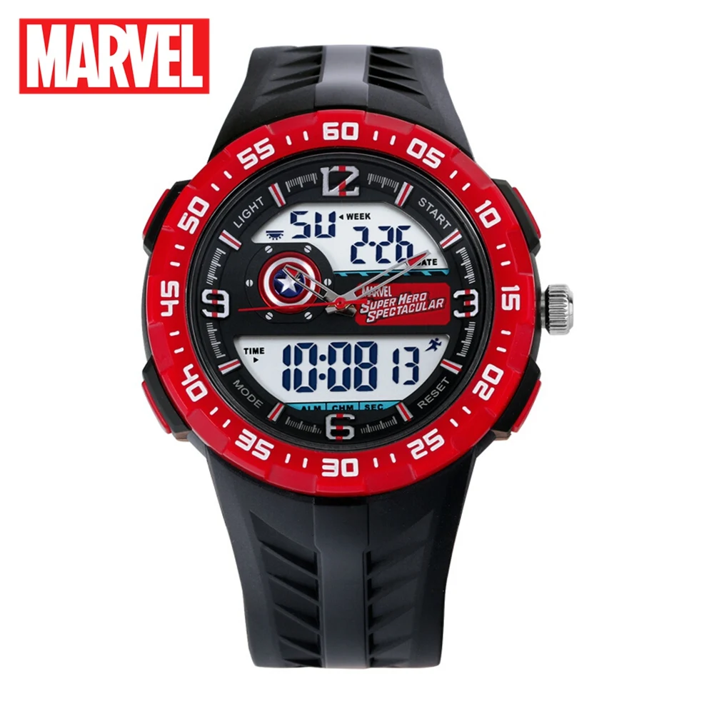 

Marvel Avengers Captain America Men Sports Waterproof Rubber Dual Display Calendar Alarm Watches Genuine Disney Teenager Clocks