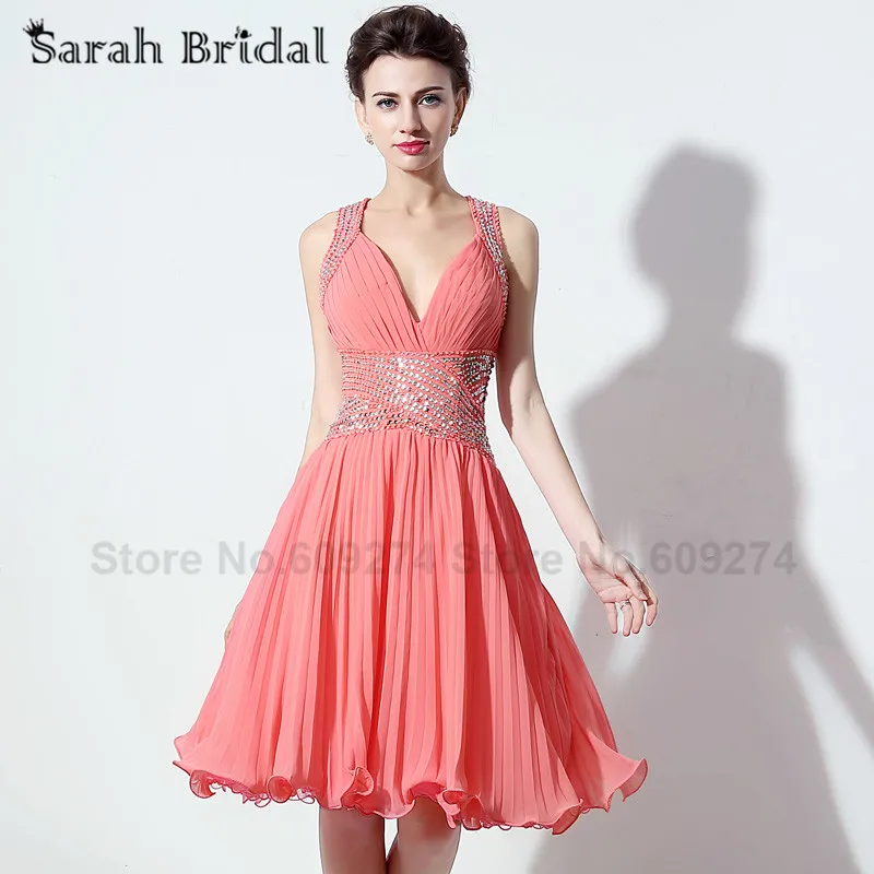 Коралловое короткое платье с v-образным вырезом для выпускного вечера vestidos плиссированное платье с открытой спиной Короткое коктейльное платье для вечеринки ТРАПЕЦИЕВИДНОЕ Лидер продаж SD246 - Цвет: Coral