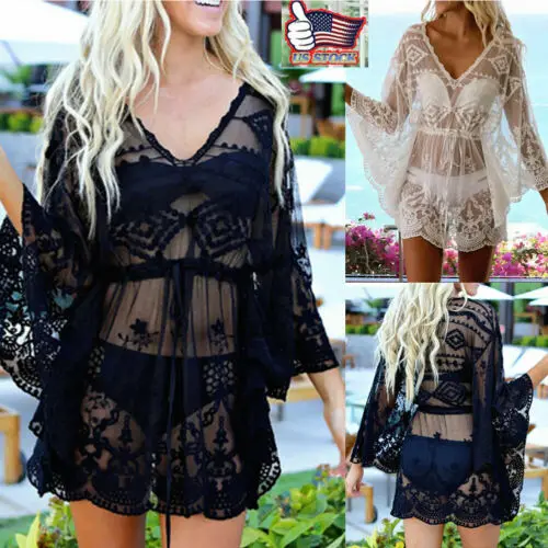 

Fashion Women's Mesh Sheer Long Batwing Sleeve V-neck High-waist See-through Dress Lady Summer Sexy Swim Beach Bikini Coverups