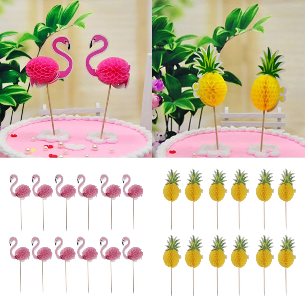 MagiDeal 24pcs Hawaiian Flamingo Pineapple Cupcake Picks Cake Toppers Baby Shower Kids Birthday Cocktail Party Decor