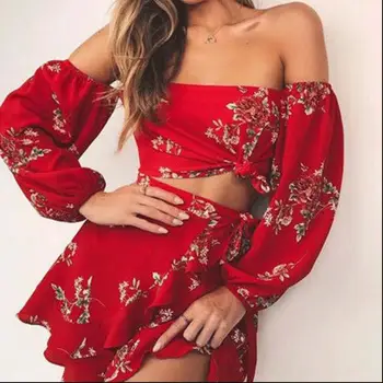

HOT Summer Two Piece Set Women Sexy Floral Print Off Shoulder Tops Shirt Ruffles Mini Skirts Dress Female Casual Holiday Outfits