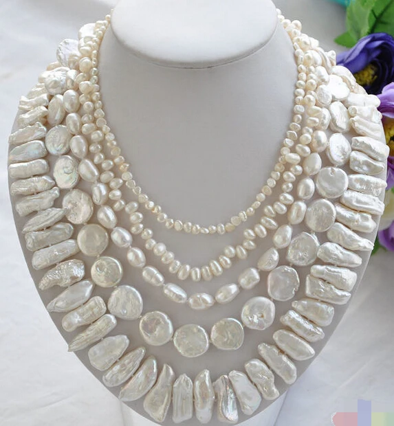 

Hot sale Free Shipping>>>>>5row 20" WHITE BAROQUE RICE BIWA COIN FRESHWATER pearl necklace