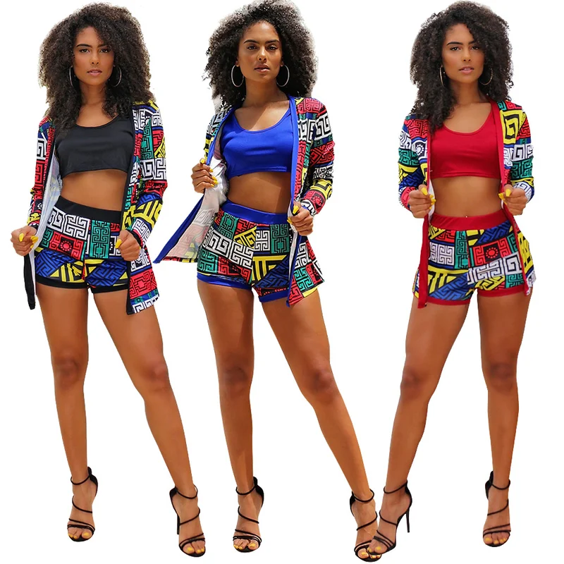 

3 Piece Set Women Boho Print Suits Short Cardigan Crop Top and Shorts Set Matching 3 Piece Outfits Summer Women Set 2019
