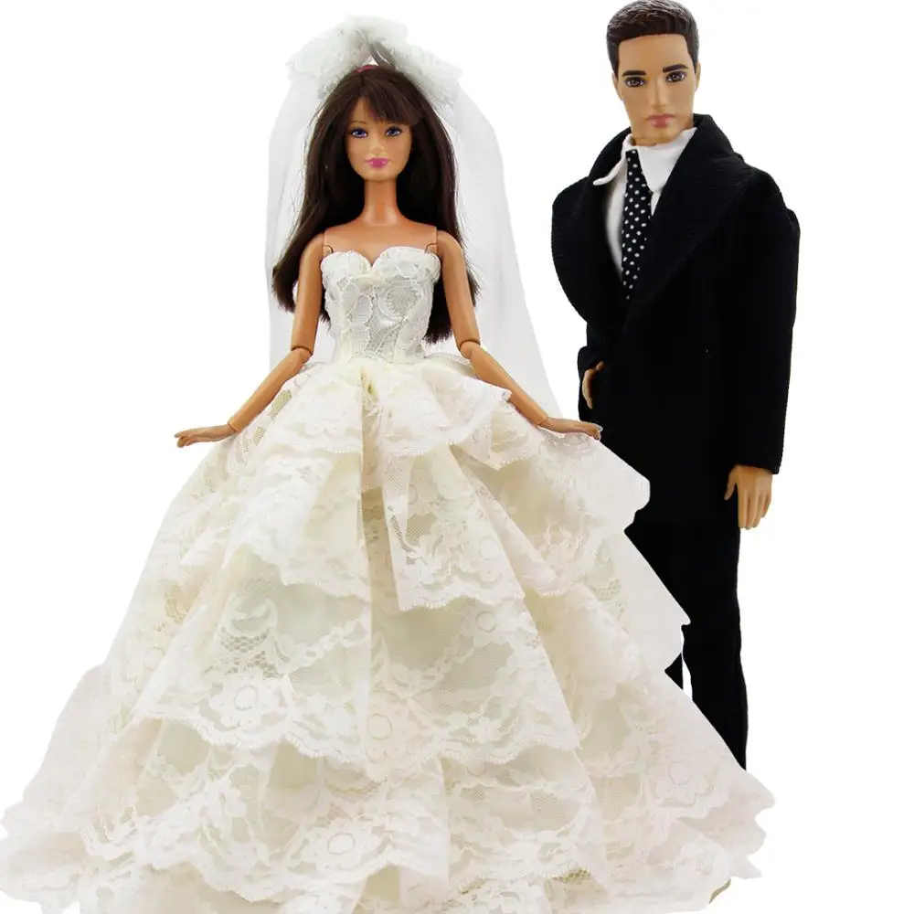 

High Quality Dress Wedding Party Wear Gown + Veil + Men's Outfit Blazer Clothes For Barbie Doll Friend Ken Accessories Kids Gift